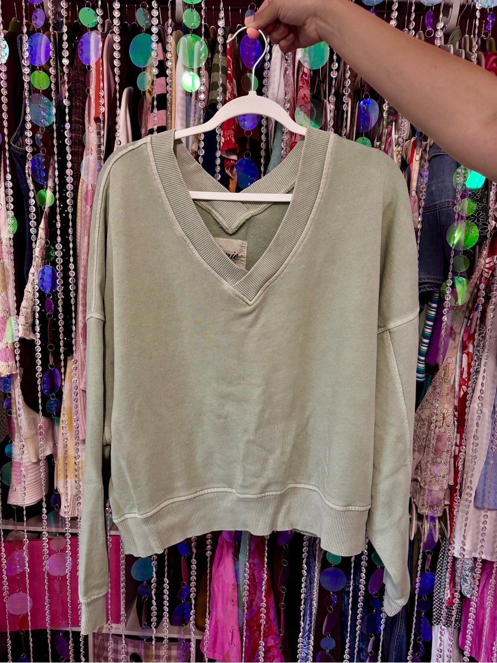 Sage Green V-neck Off The Shoulder Sweatshirt